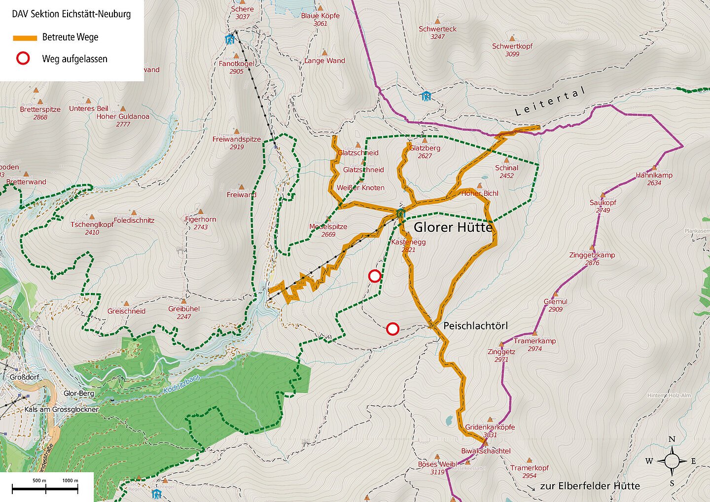 Karte der Region um die Glorer Hütte mit markierten Wanderwegen, Maßstab unten links.