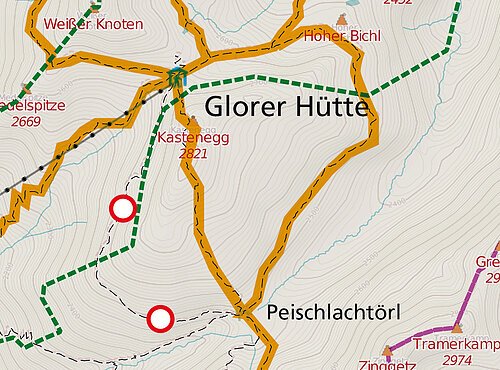 Karte der Region um die Glorer Hütte mit markierten Wanderwegen, Maßstab unten links.
