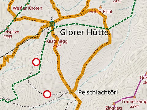Karte der Region um die Glorer Hütte mit markierten Wanderwegen, Maßstab unten links.